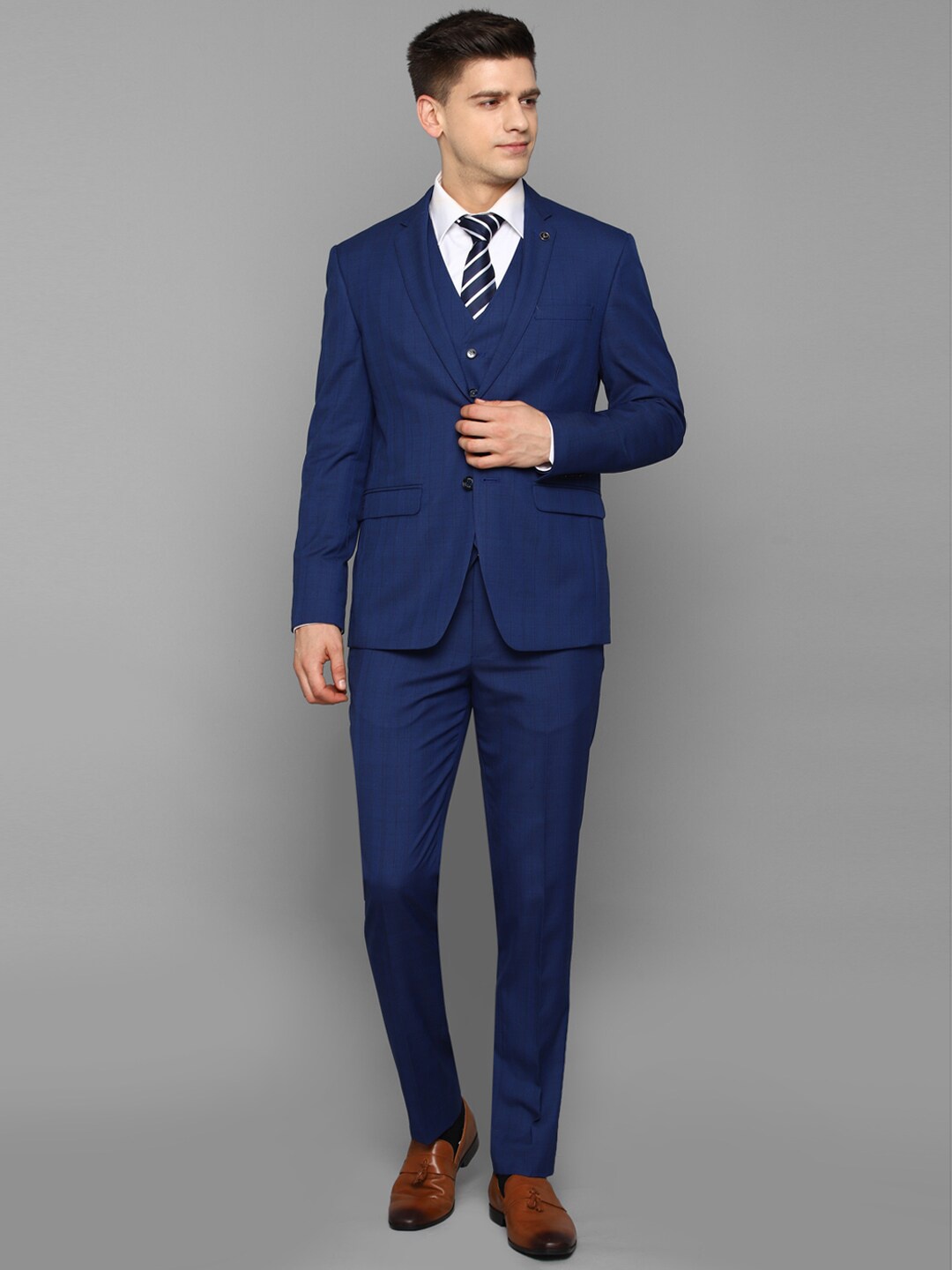 

Allen Solly Men Navy Blue Checked Slim-Fit Single-Breasted Formal Three-Piece Suit