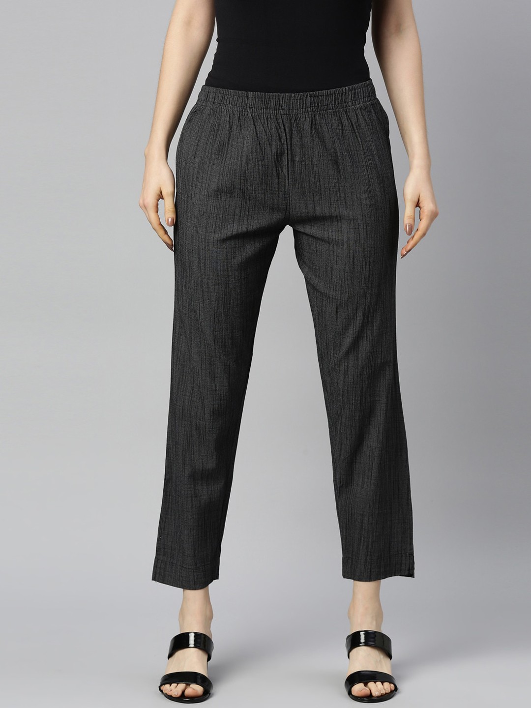 

GOLDSTROMS Women Charcoal Striped Cotton Trousers