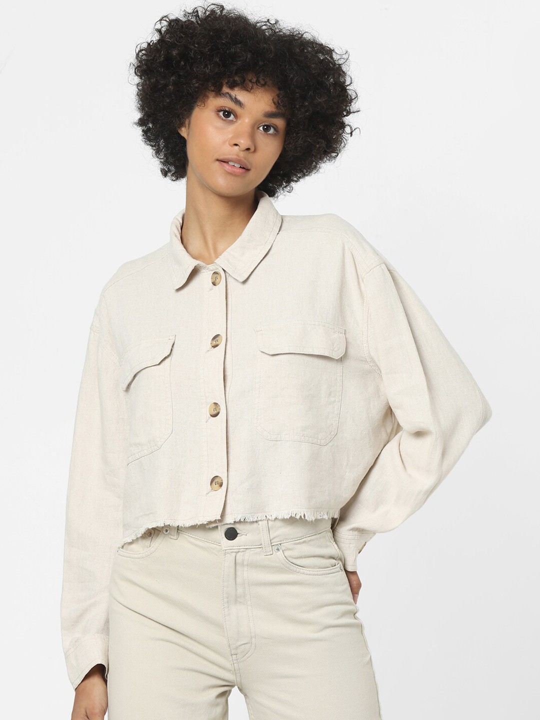 

ONLY Women Off White Solid Linen Casual Shirt