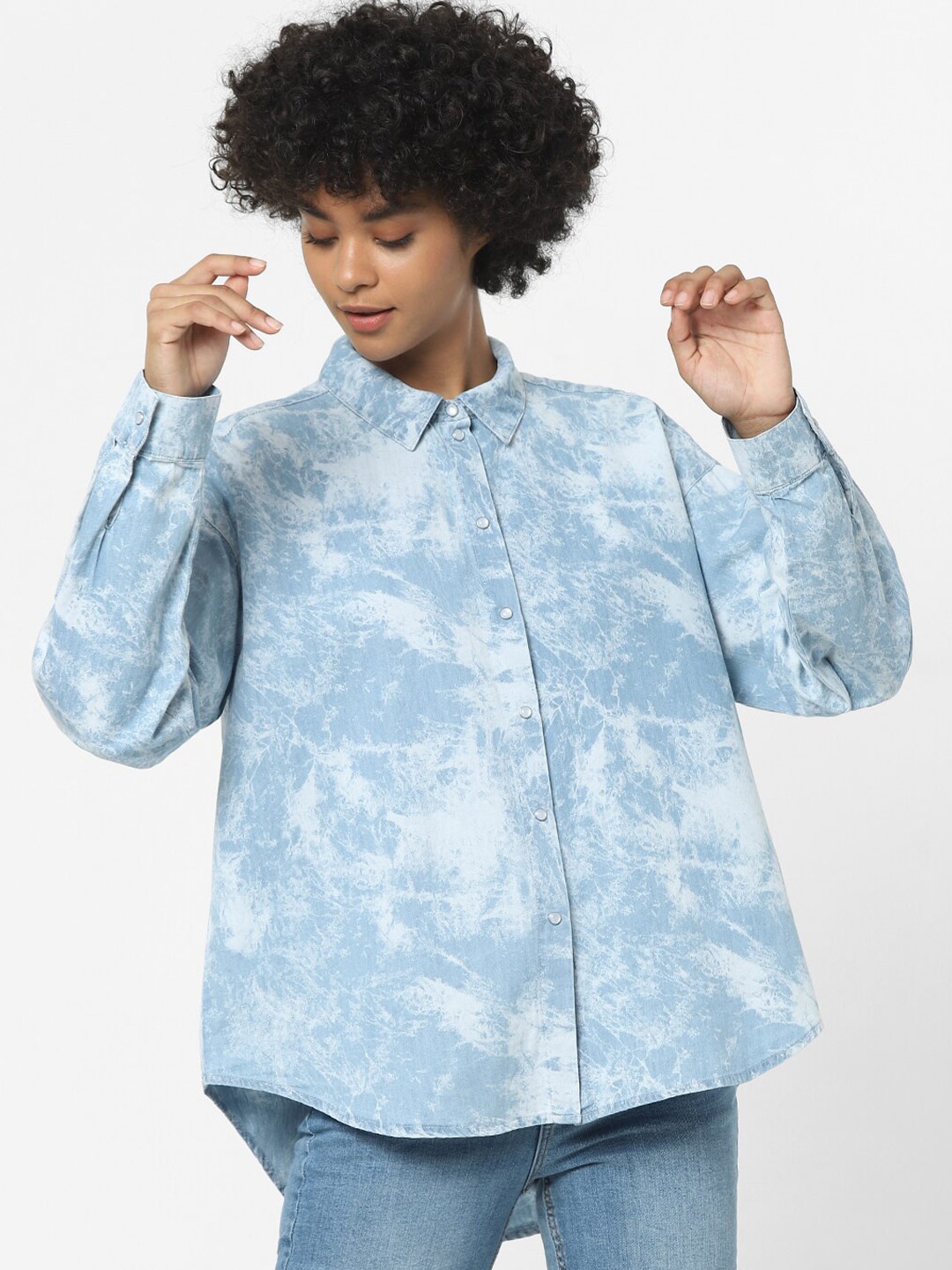 

ONLY Women Blue Faded Cotton Casual Shirt