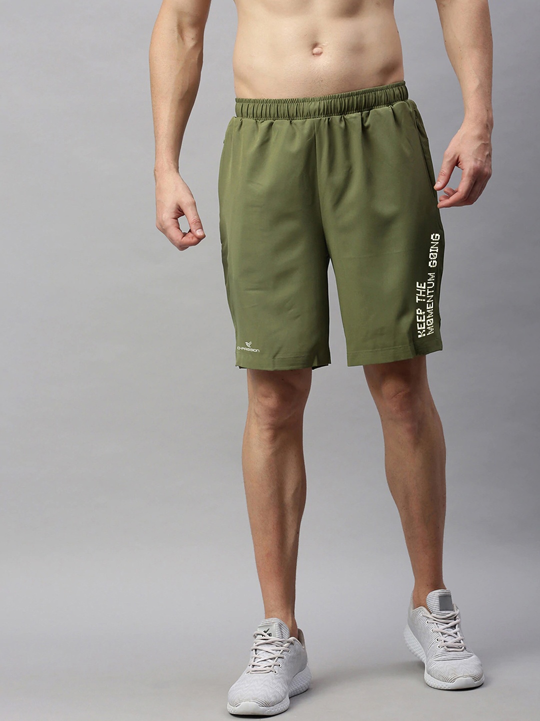 

Dpassion Men Olive Green Typography Printed Training or Gym Sports Shorts