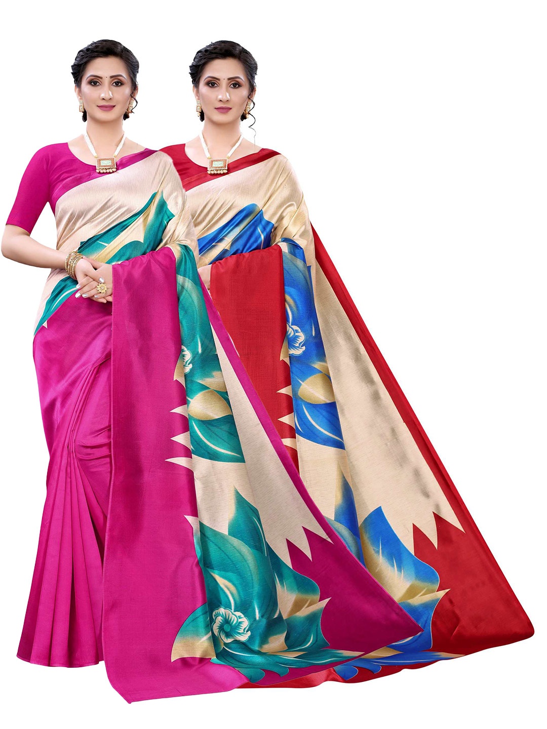 

AADVIKA Set of 2 Printed Pink and Red Art Silk Mysore Silk Saree