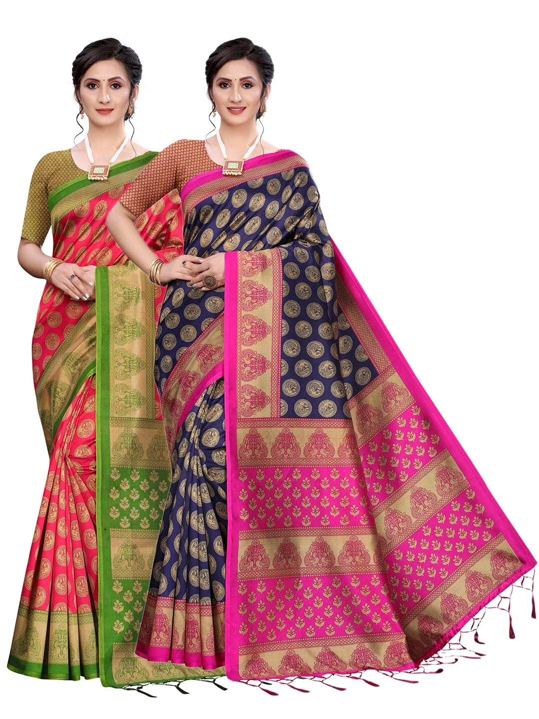 

AADVIKA Pack of 2 Navy Blue & Pink Ethnic Motifs Art Silk Saree