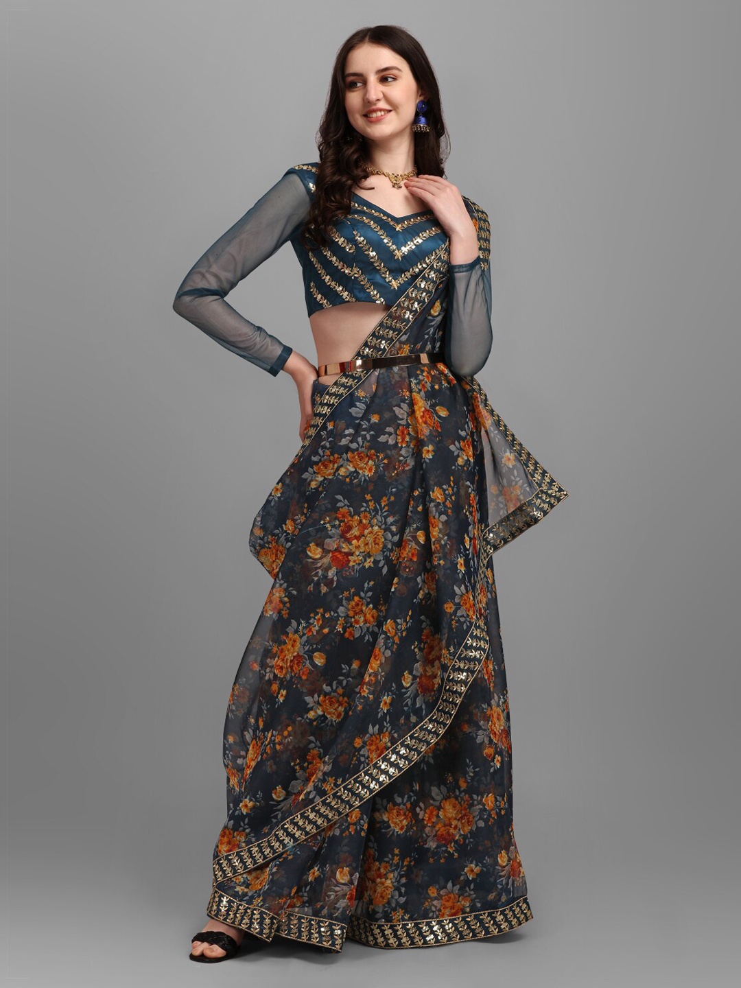 

Fashion Basket Teal & Red Floral Embroidered Organza Saree