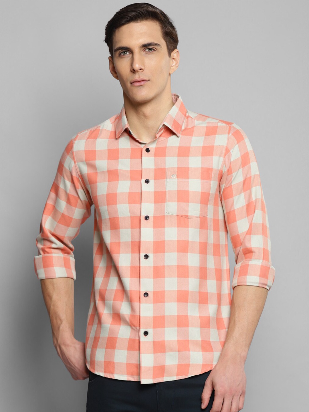 

Allen Cooper Men Orange Buffalo Checked Smart Slim Fit Casual Shirt