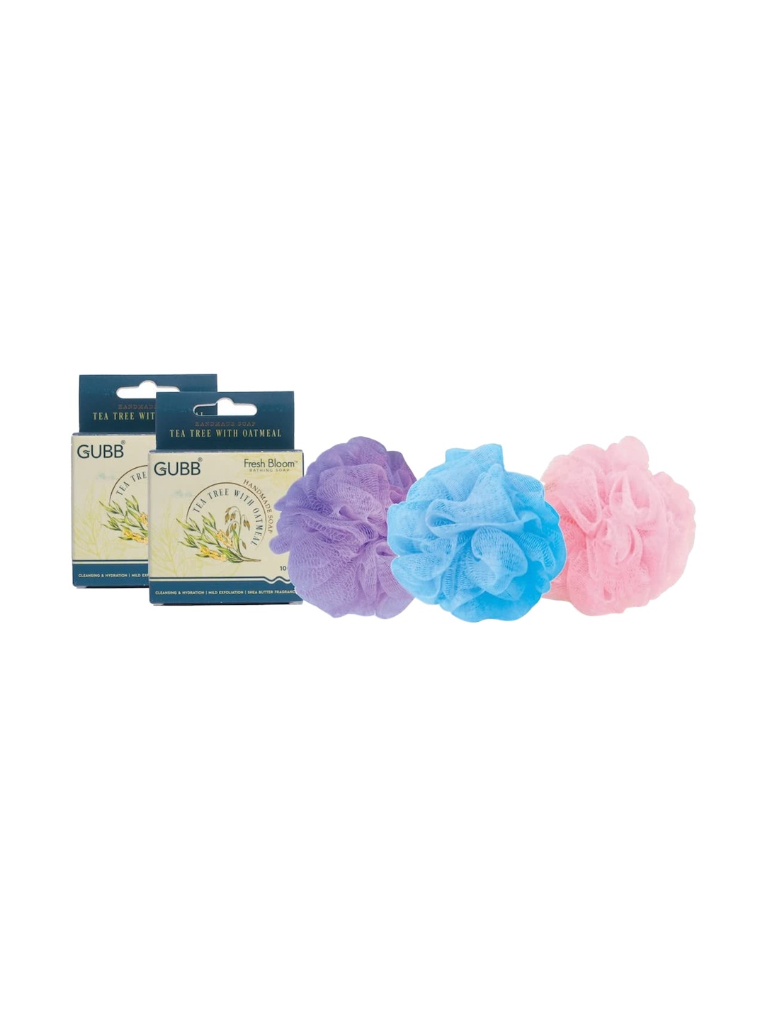 

GUBB Set of 2 Handmade Tea Tree & Oatmeal Soap with 3 Loofah, Multi