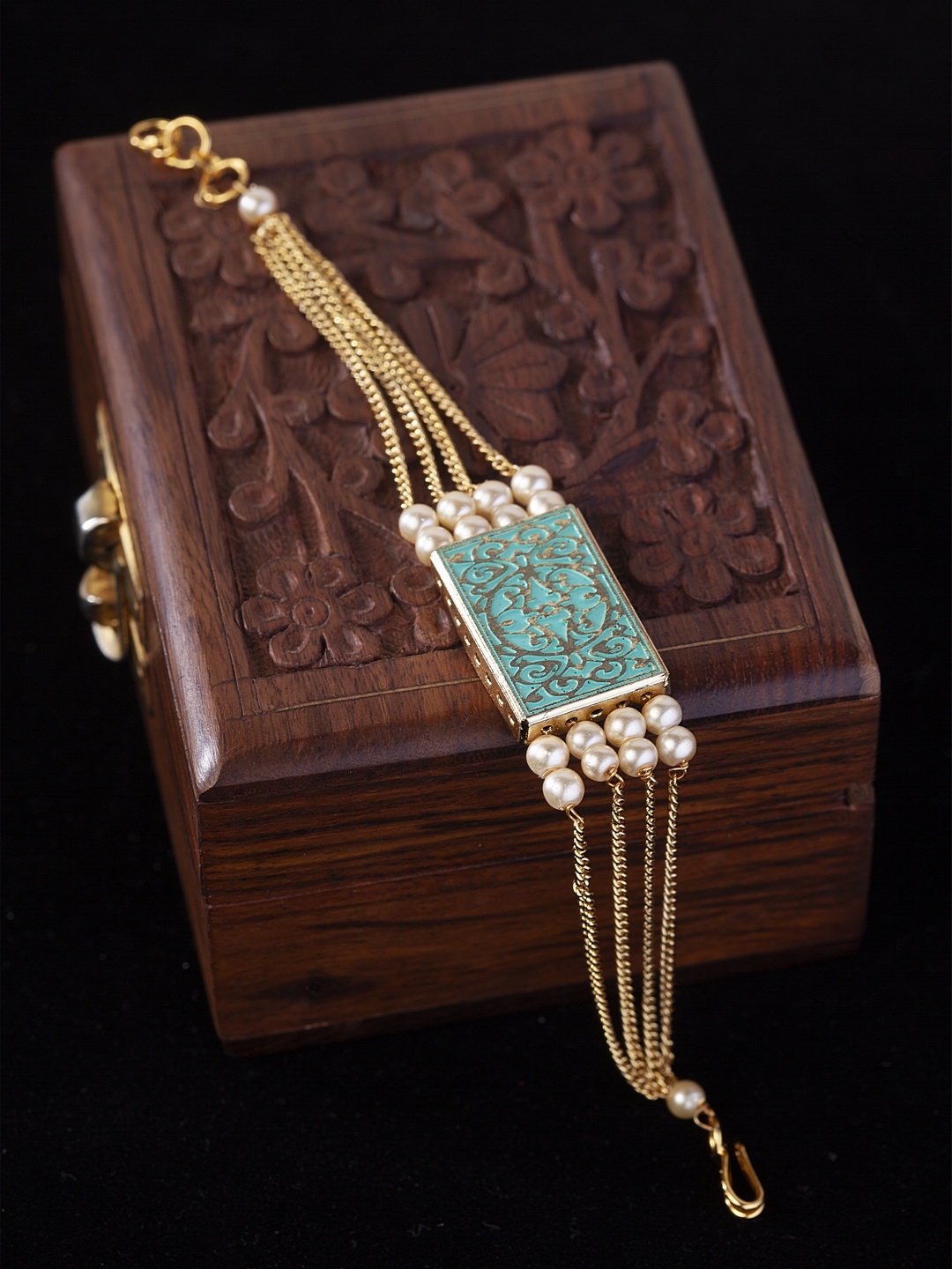 

PANASH Women Gold-Plated Sea Green & White Brass Pearls Multistrand Bracelet