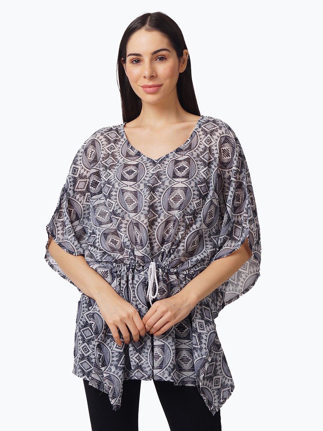 

IX IMPRESSION Black & White Print Georgette Kaftan Top