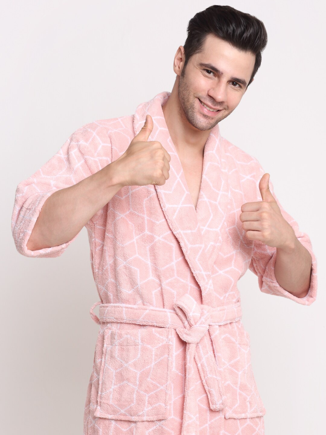 

Trident Men Pink & White Printed Bath Robe With Belt