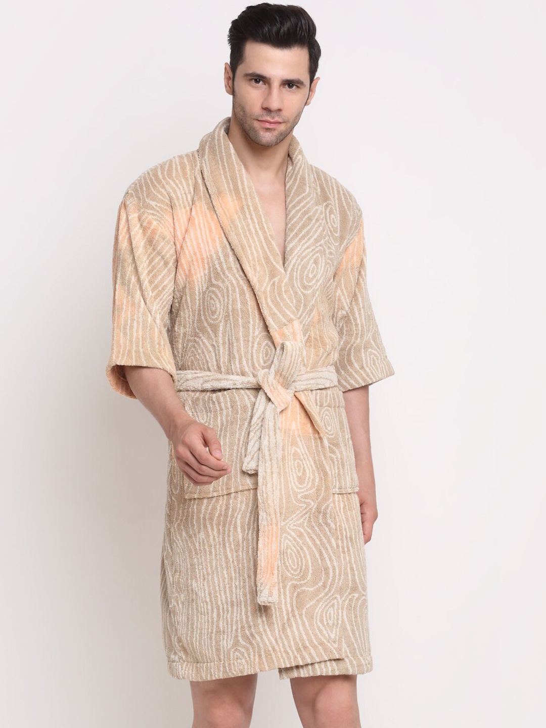 

MYTRIDENT Peach-Coloured Grey Printed Bath Robe With Belt
