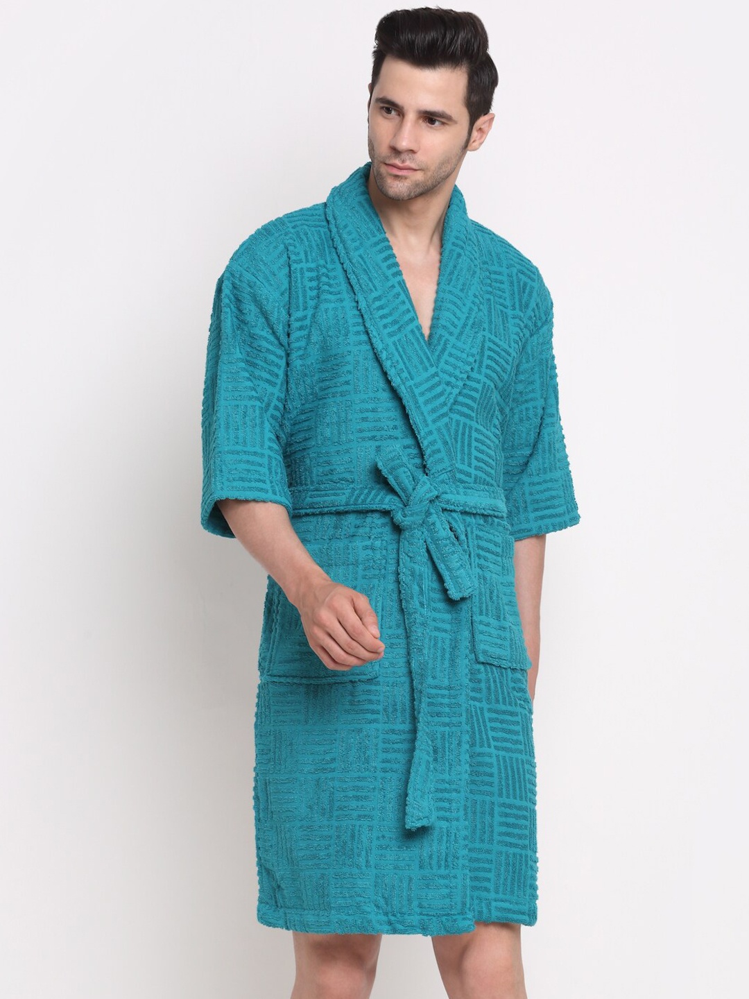 

Trident Unisex Teal Blue Self Design Bath Robe With Belt