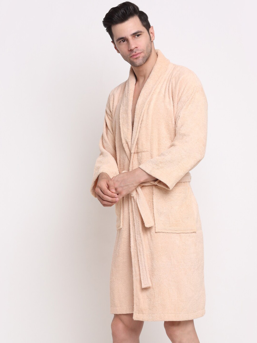 

Trident Men Peach-Coloured Solid Bath Robe With Belt