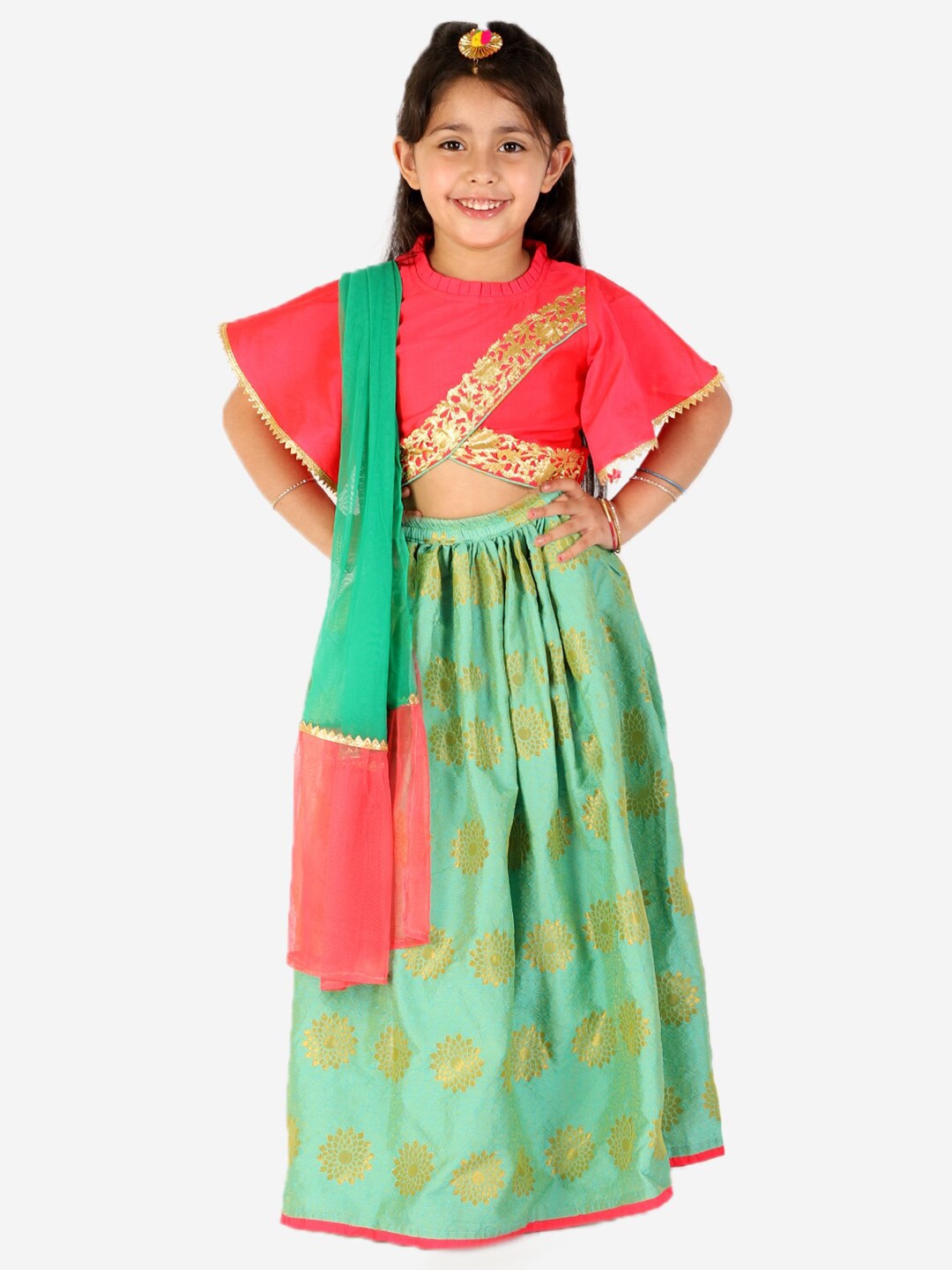 

KID1 Girls Green & Pink Embellished Ready to Wear Lehenga & Blouse With Dupatta