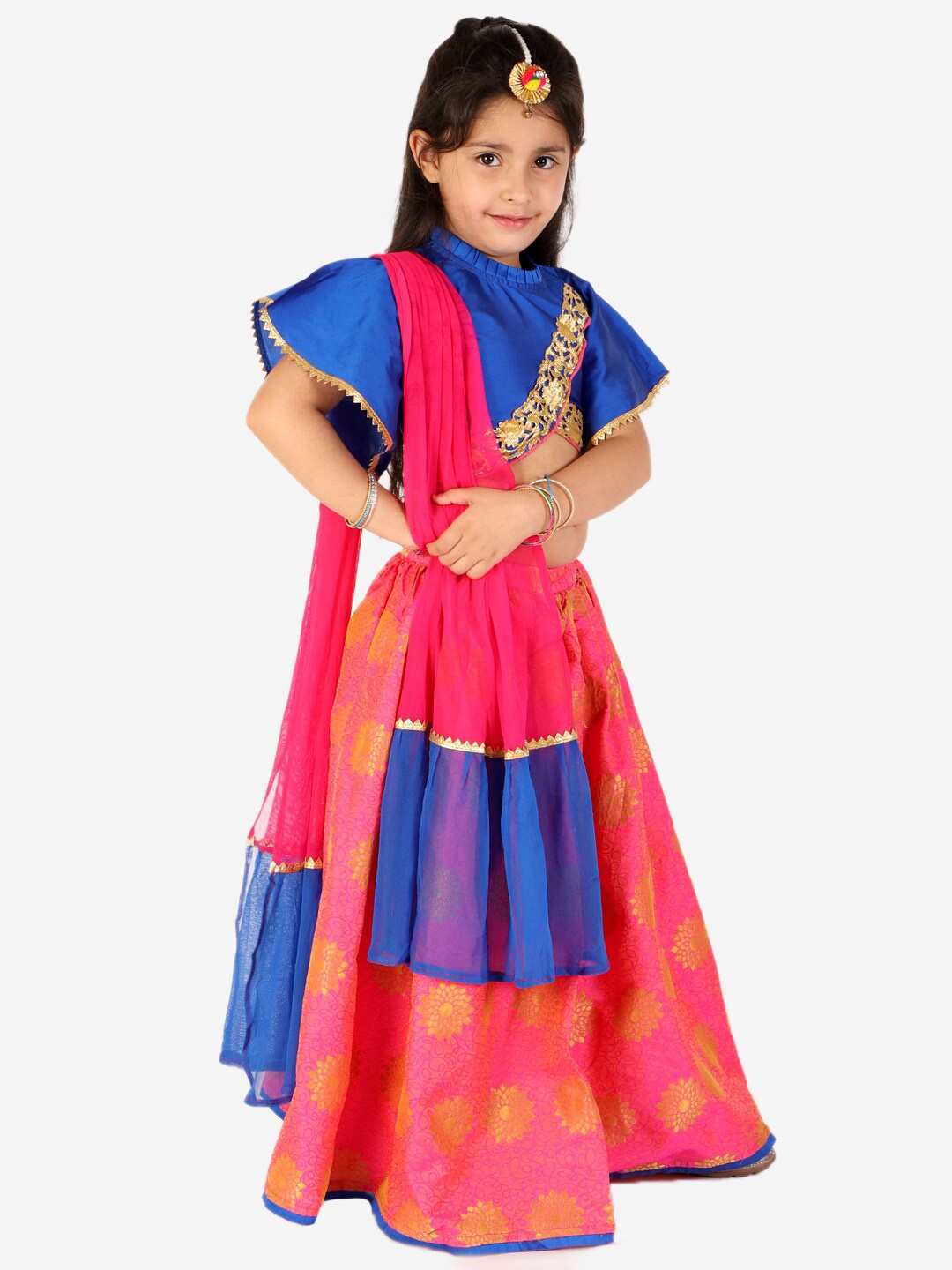 

KID1 Girls Blue & Pink Embellished Ready to Wear Lehenga & Blouse With Dupatta