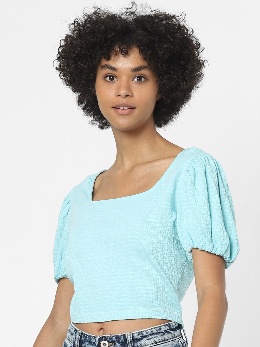 

ONLY Women Turquoise Blue Solid Puff Sleeves Crop Top