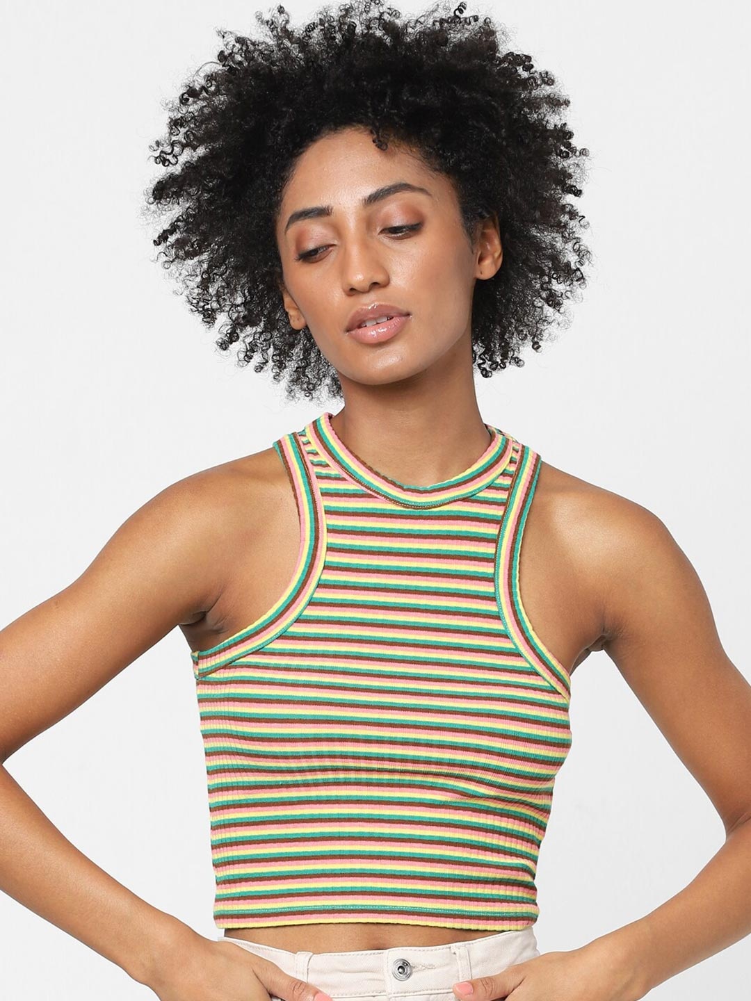 

ONLY Women Yellow & Pink Striped Crop Top