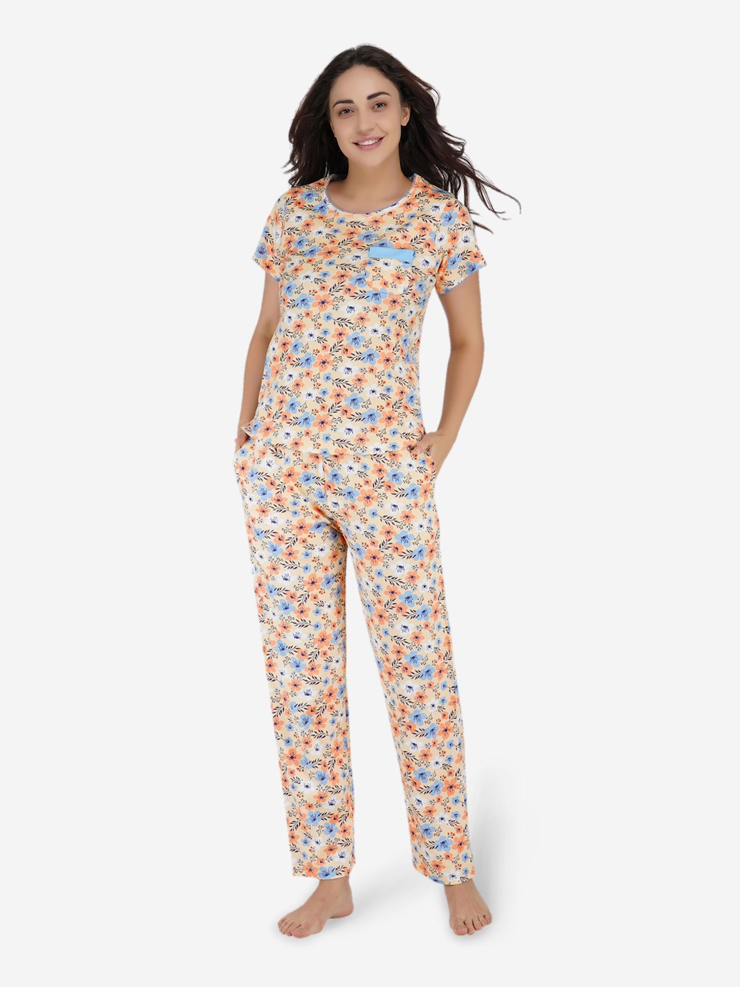 

ARTEMIS Women Beige & Blue Floral Printed Night suit
