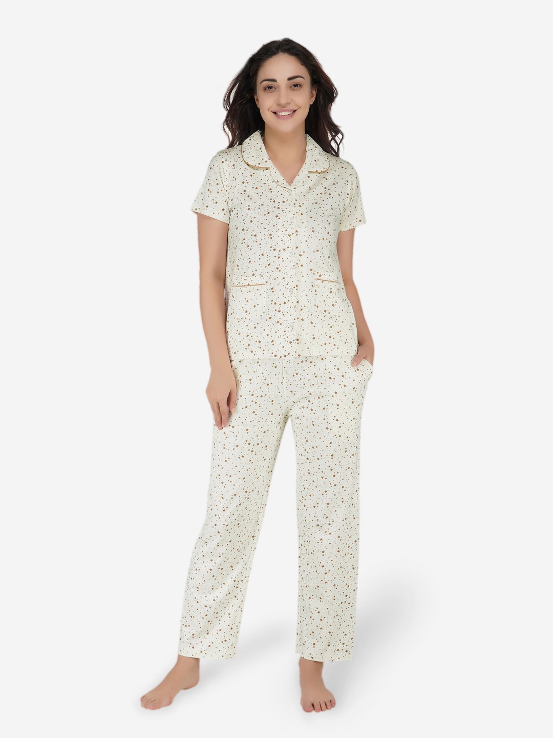 

ARTEMIS Women Off White & Brown Printed Night suit