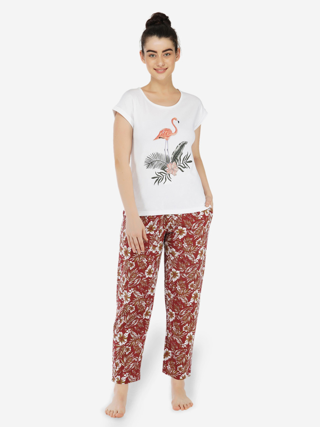 

ARTEMIS Women White & Maroon Printed Night suit