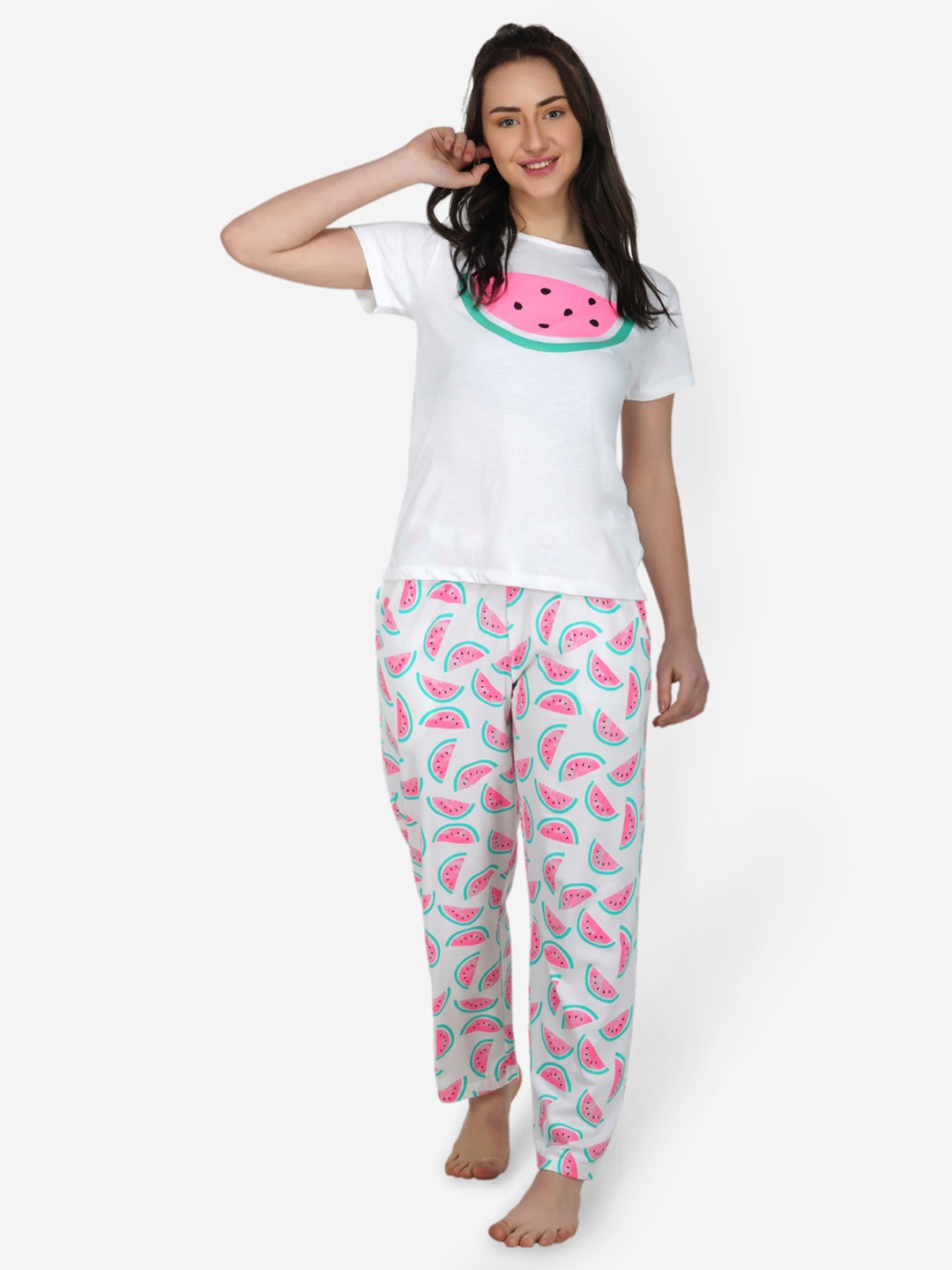 

ARTEMIS Women White & Pink Printed Night suit