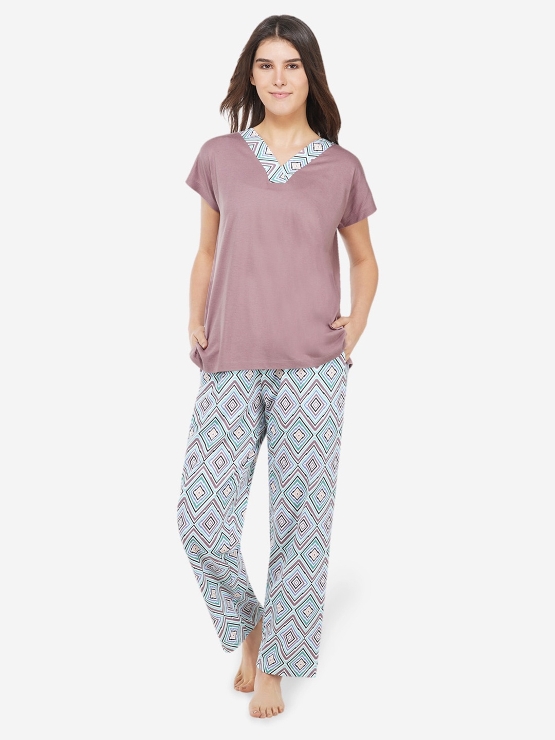 

ARTEMIS Women Peach-Coloured & Grey Printed Night suit