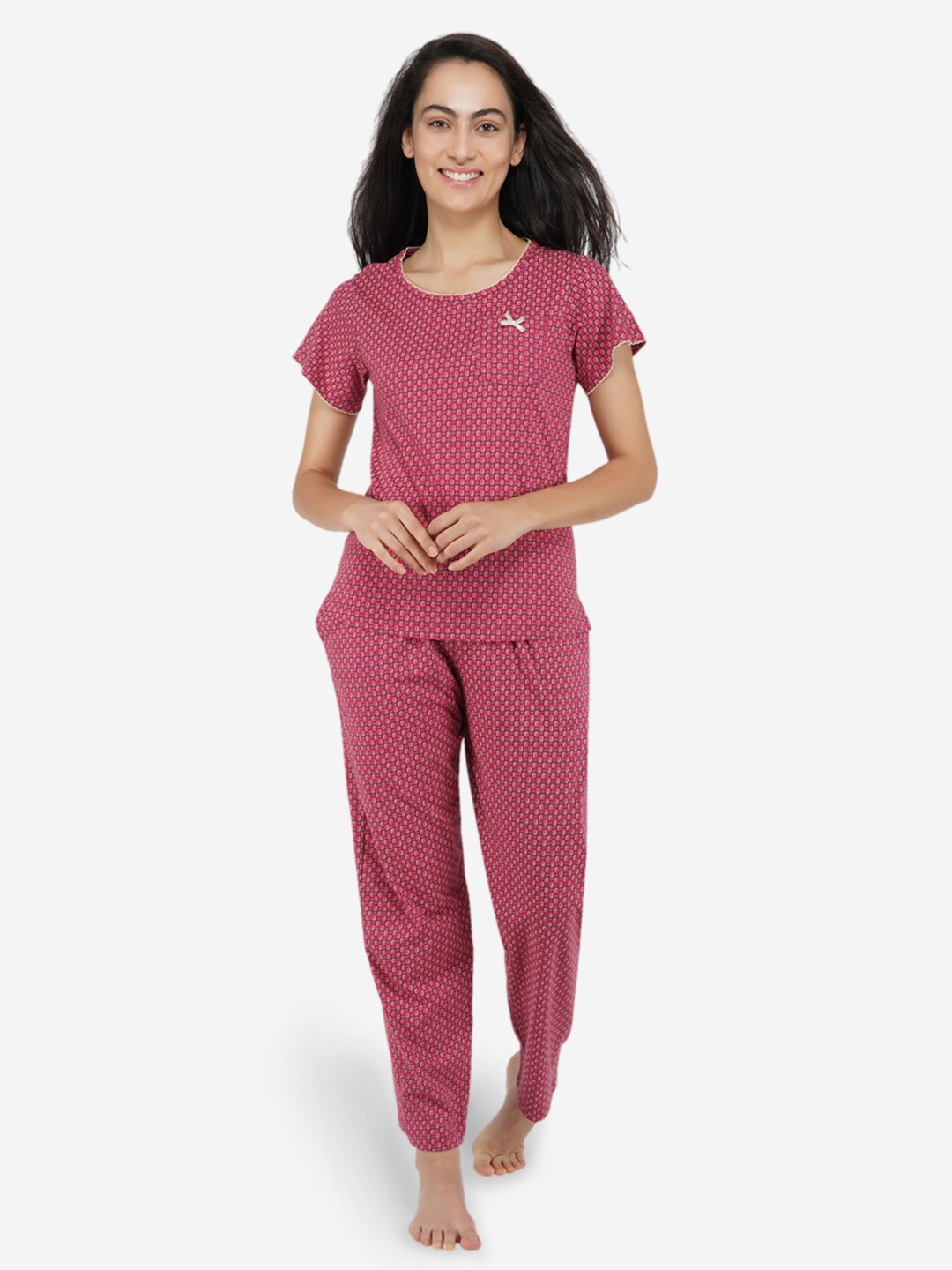 

ARTEMIS Women Burgundy & Blue Printed Night suit
