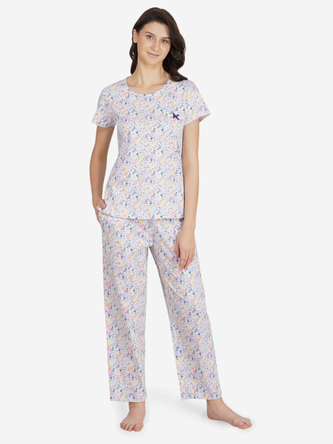 

ARTEMIS Women White & Yellow Printed Night suit