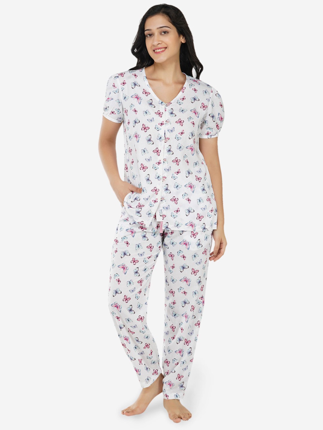 

ARTEMIS Women White & Pink Printed Night suit