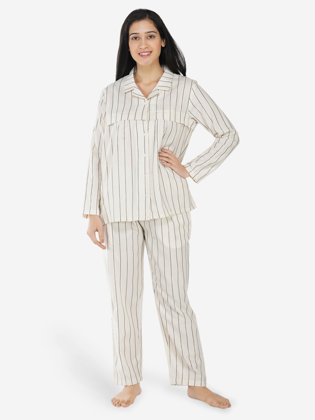 

ARTEMIS Women Off White & Grey Striped Night suit