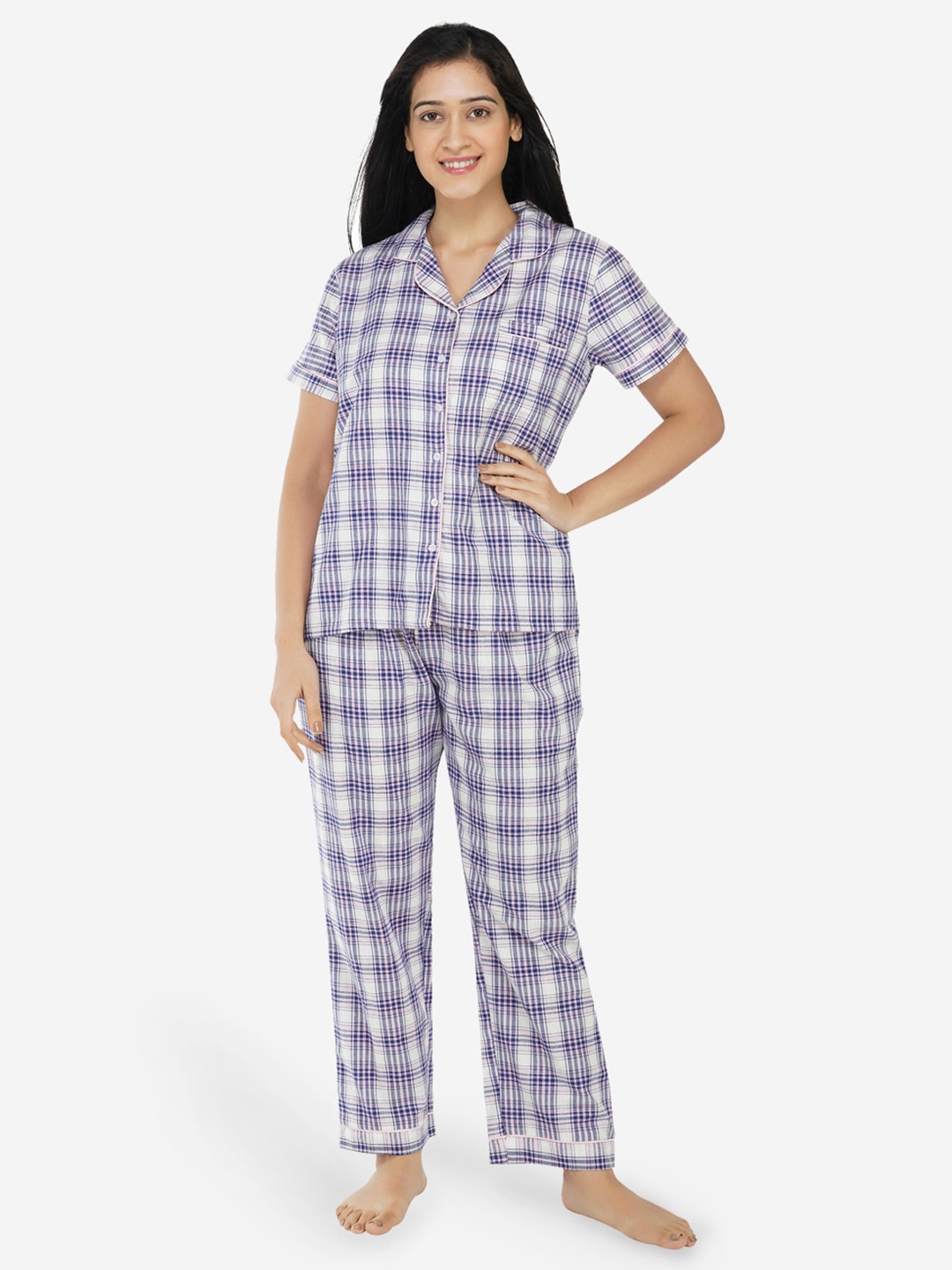 

ARTEMIS Women Off White & Blue Printed Night Suit
