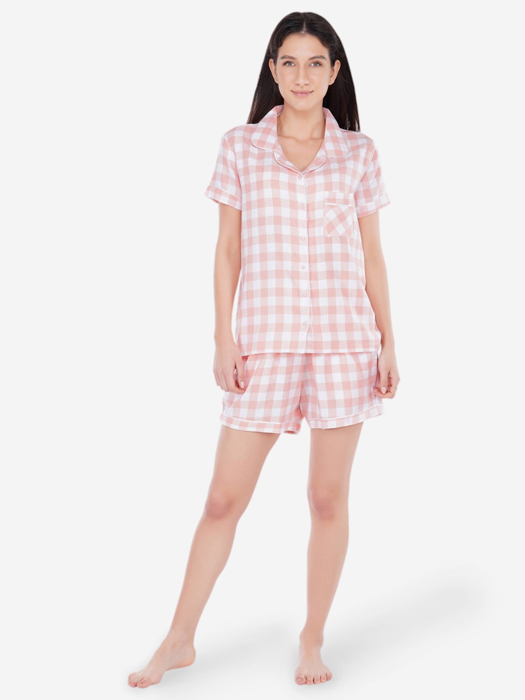 

ARTEMIS Women Pink & White Checked Night suit