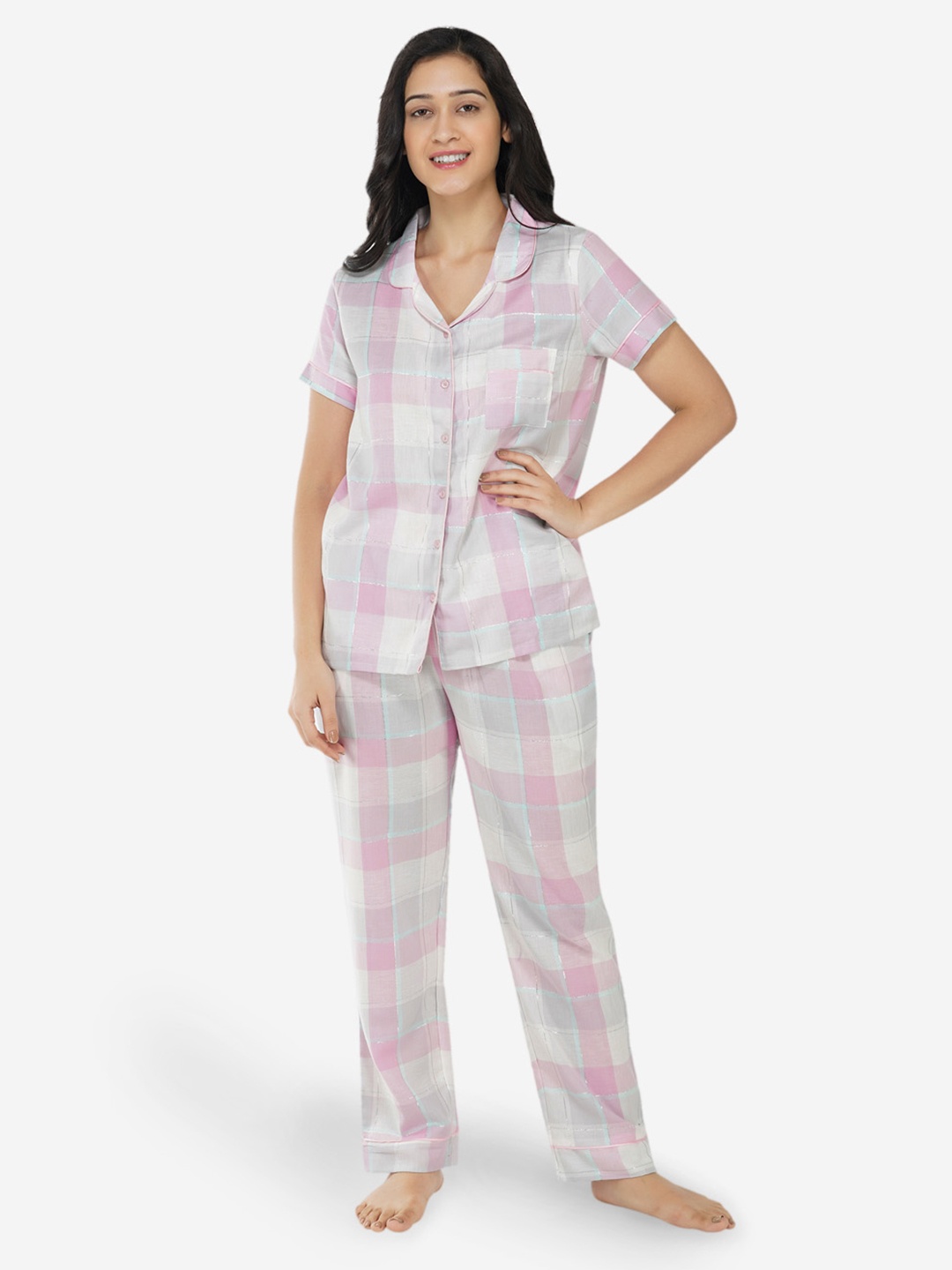 

ARTEMIS Women Pink & White Checked Night suit