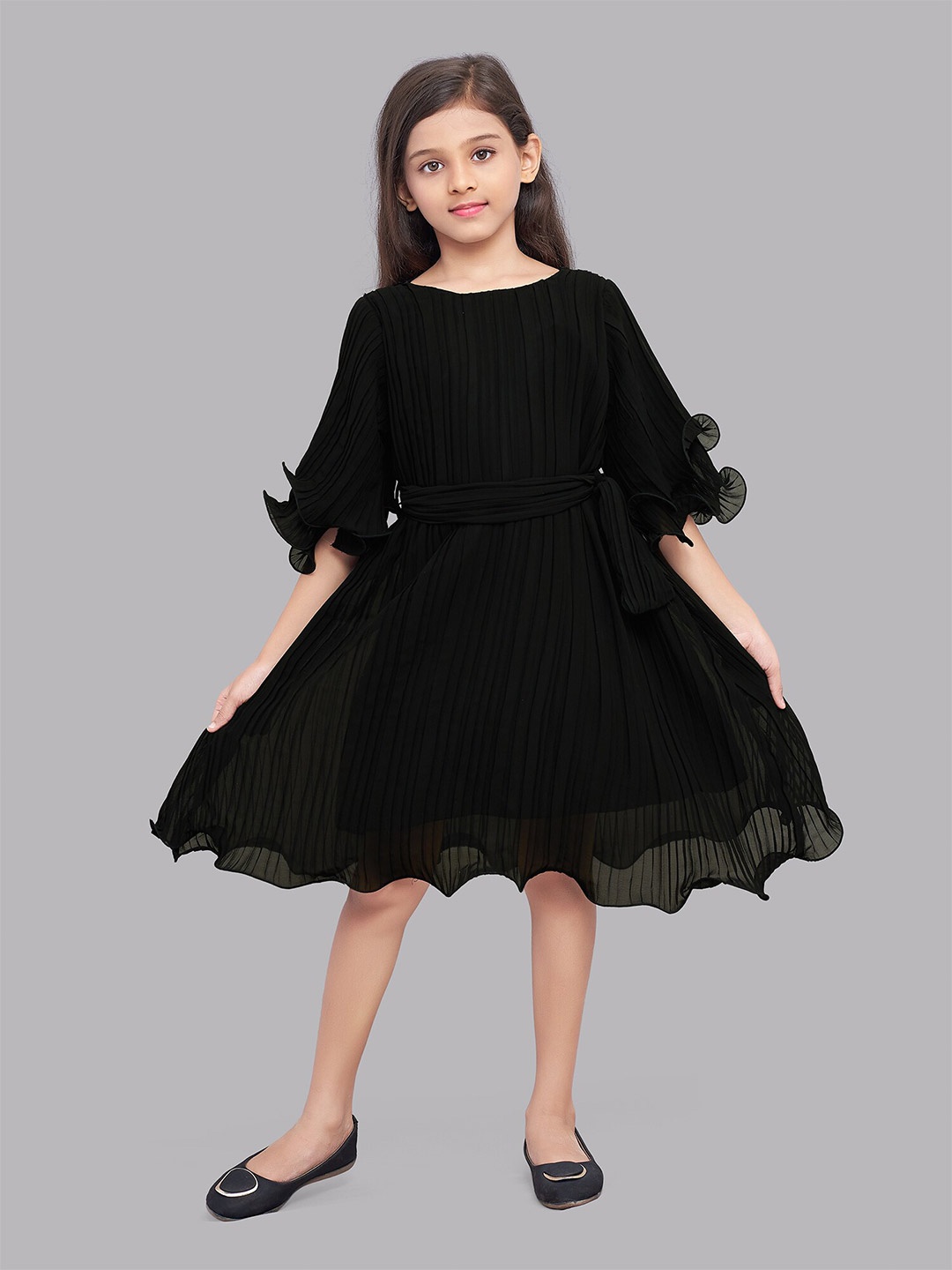 

Pink Chick Black Accordion Pleated Georgette Midi Dress