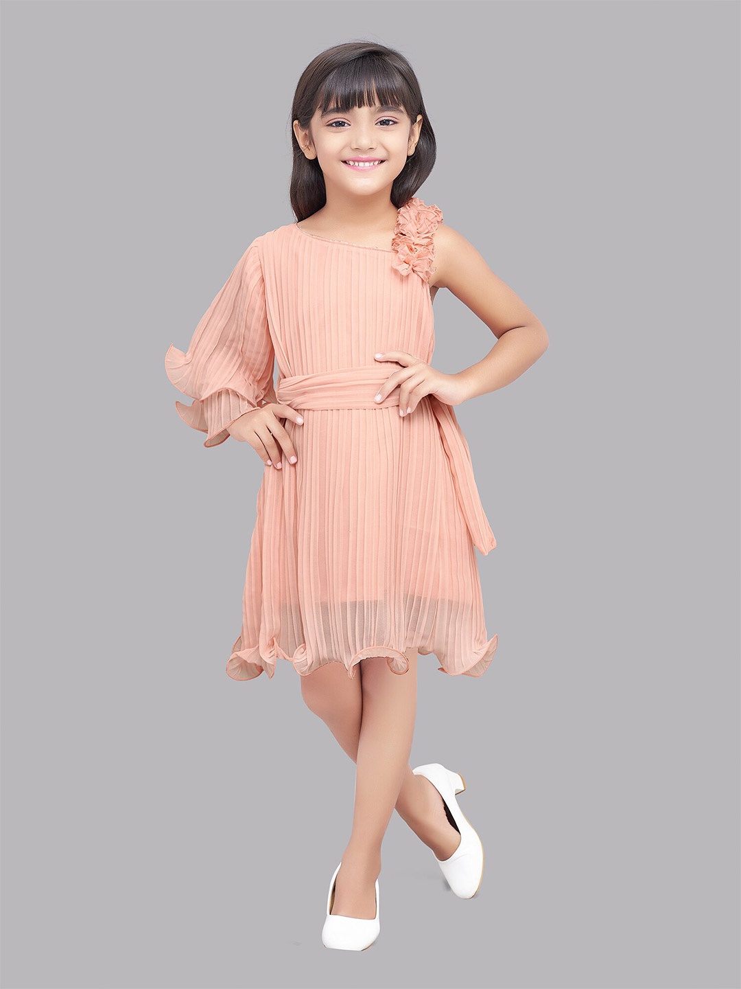 

Pink Chick Girls Peach-Coloured One Shoulder Georgette Dress