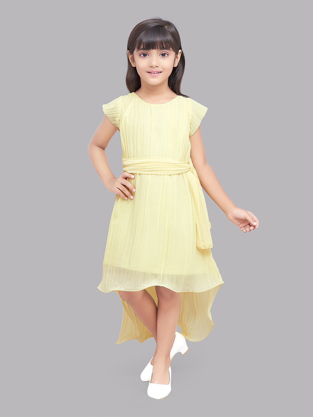 

Pink Chick Girls Yellow Georgette High Low Dress