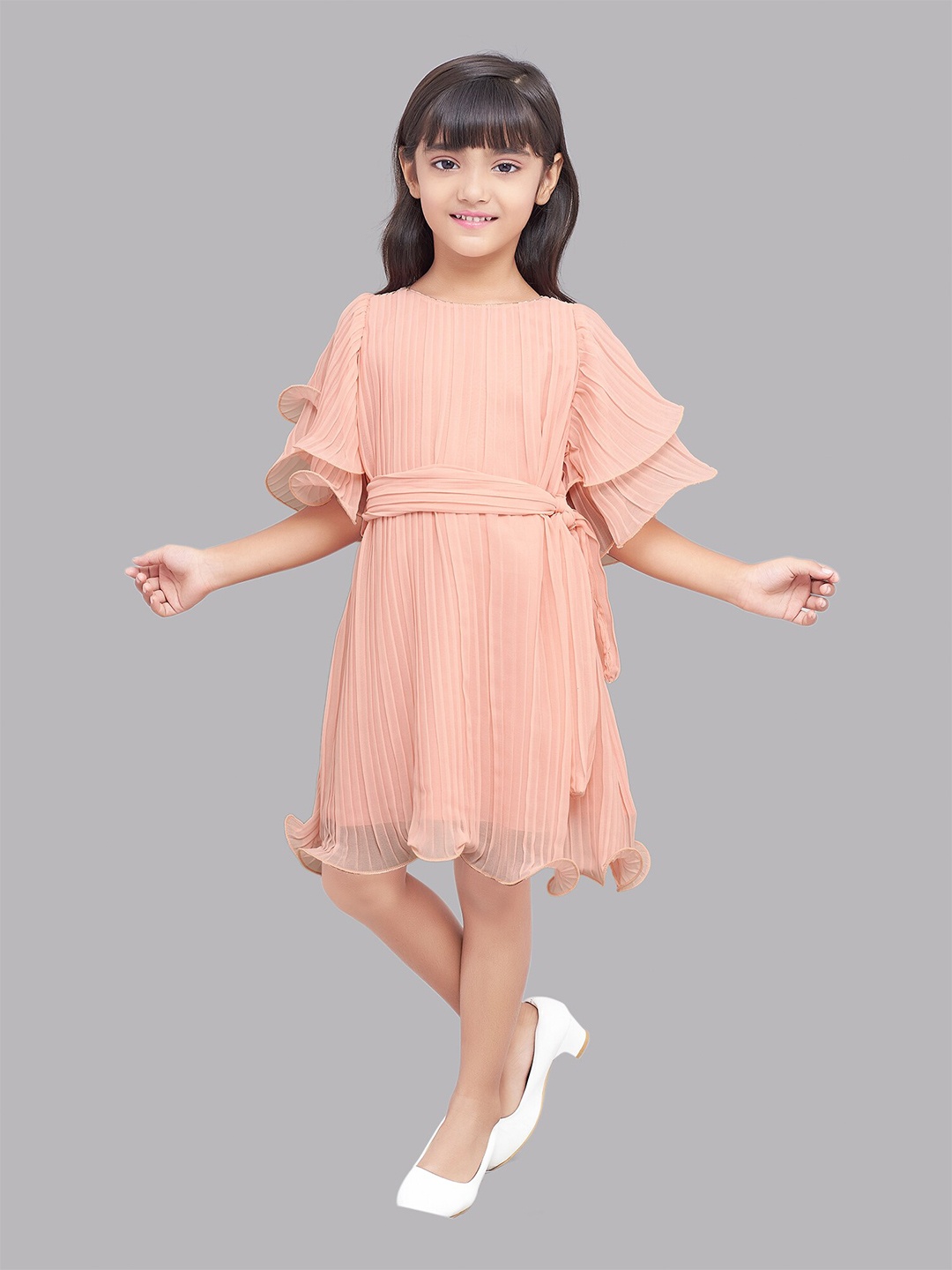 

Pink Chick Girls Peach-Coloured Georgette A-Line Dress