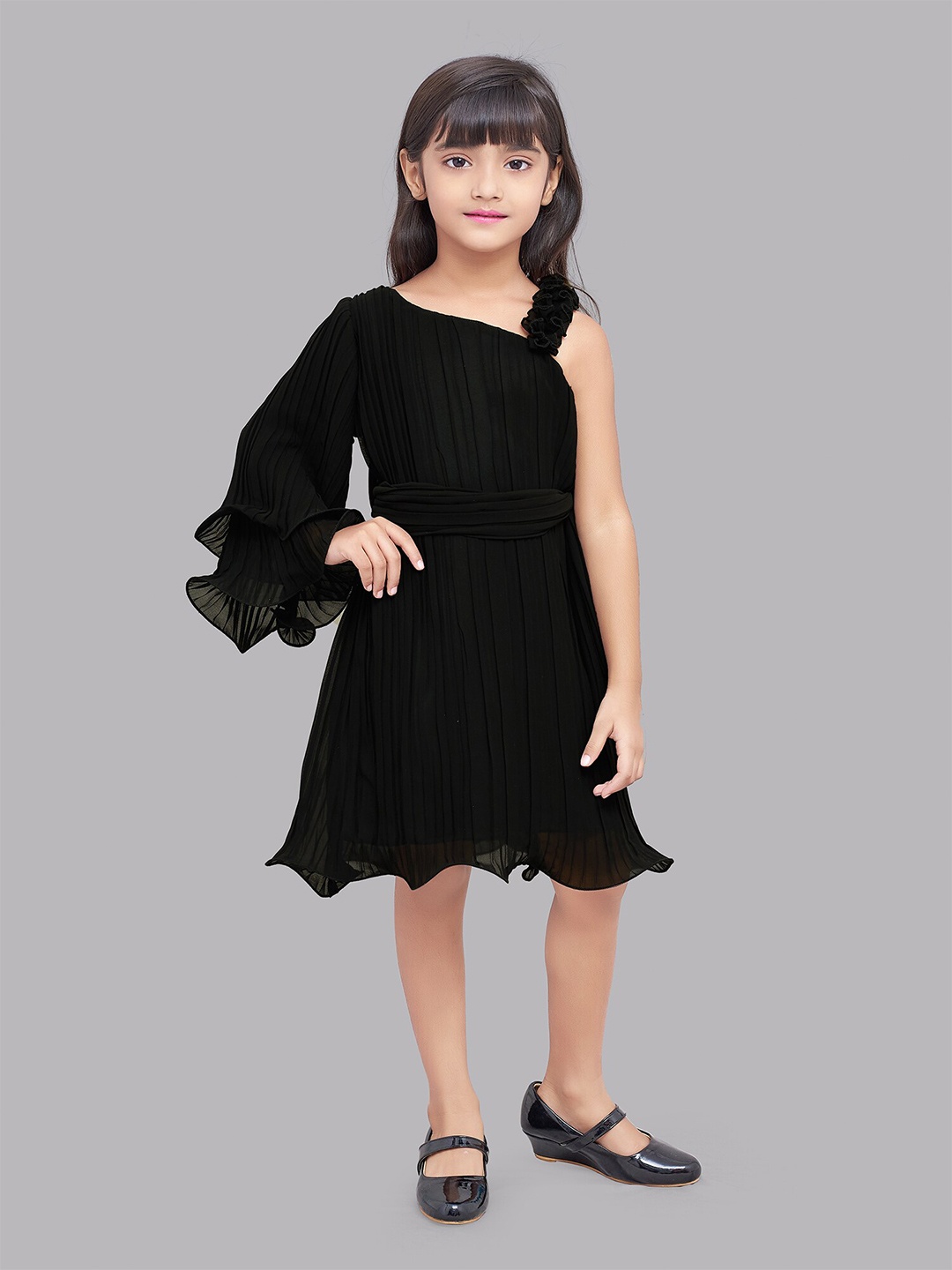 

Pink Chick Girls Black One Shoulder Georgette A-Line Dress