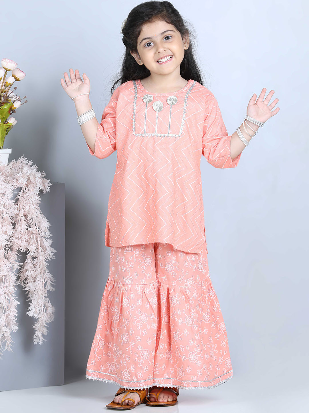 

ADIVA Girls Pink Floral Printed Gotta Patti Kurta with Sharara