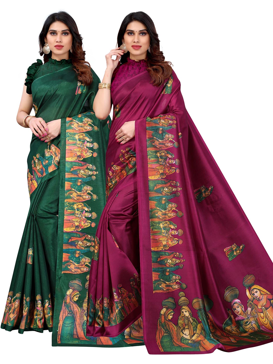 

AADVIKA Set of 2 Printed Art Silk Mysore Silk Saree, Green