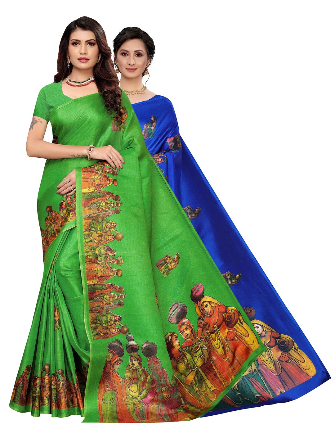 

AADVIKA Women Pack of 2 Blue & Green Printed Art Silk Saree
