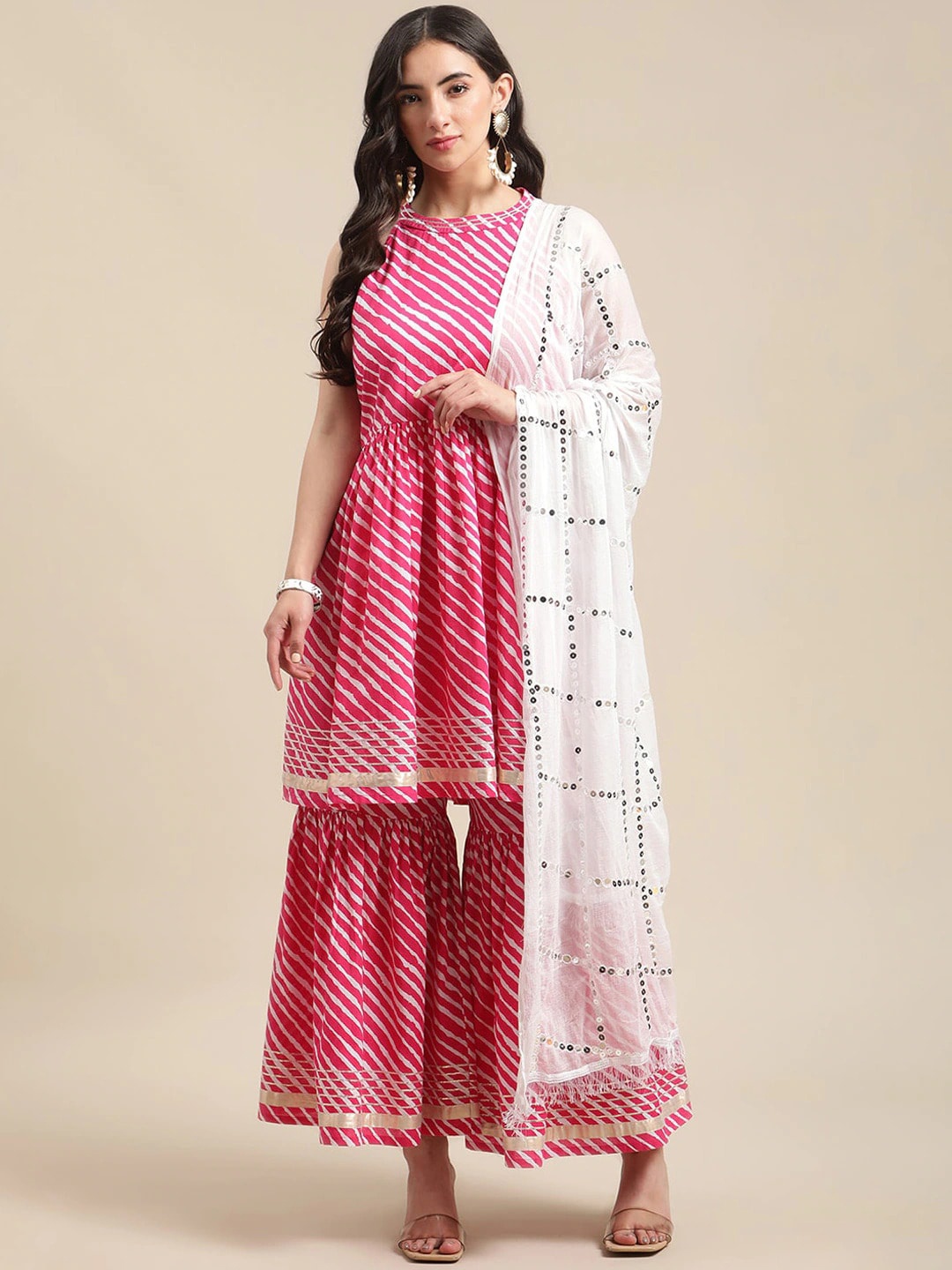 

Varanga Women Pink Leheriya Printed Gotta Patti Kurti with Sharara & With Dupatta