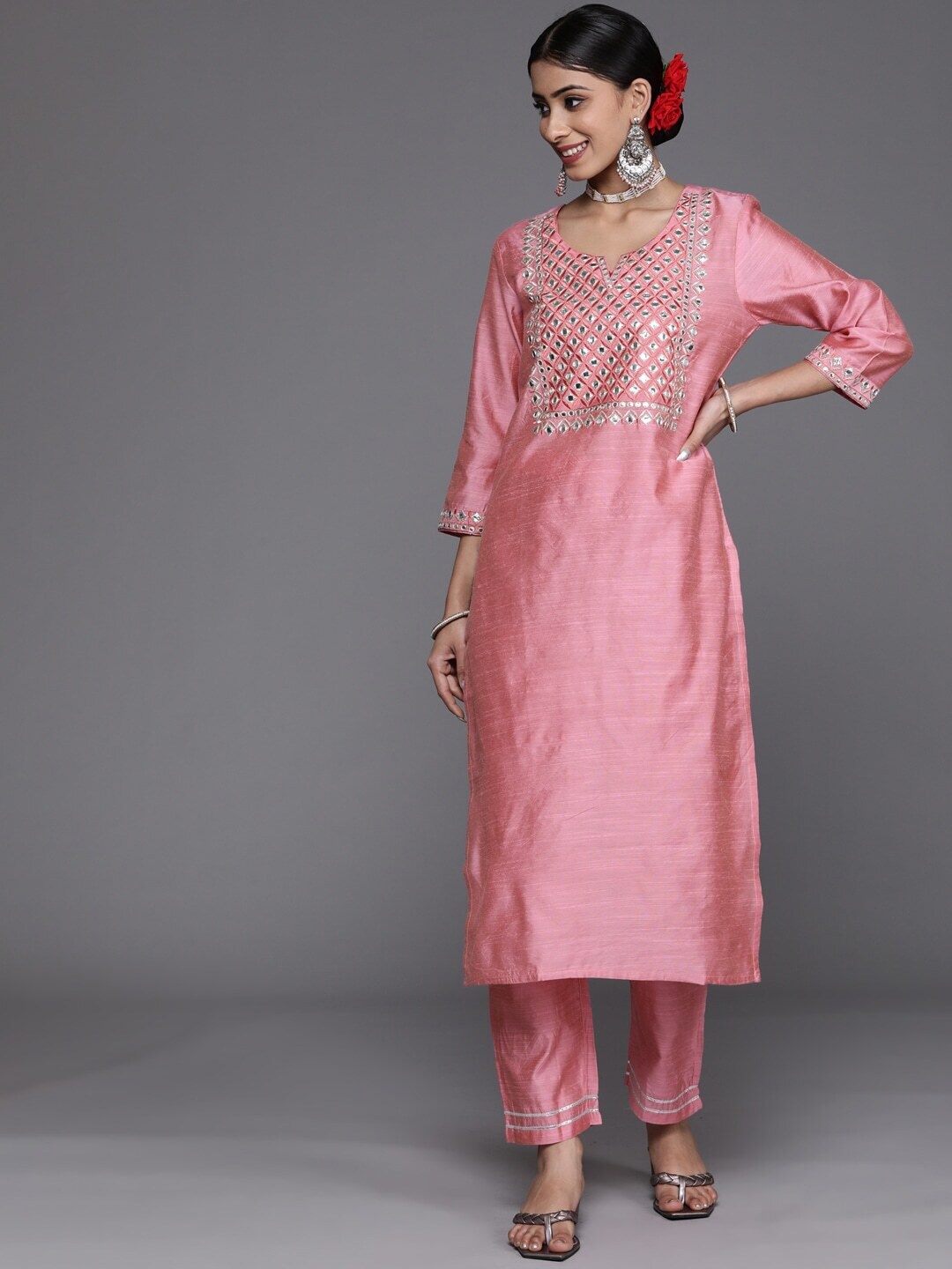 Varanga Women Pink Embroidered Mirror Work Kurta with Trouser