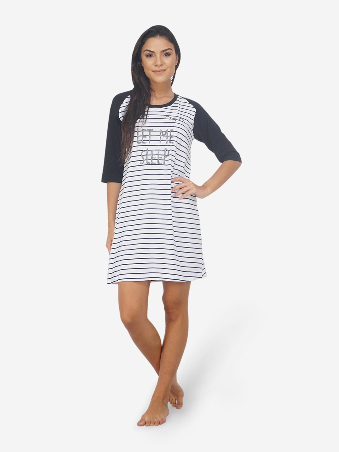 

ARTEMIS Women White & Black Striped Cotton Nightdress-SS40006-X-Small-White/Black