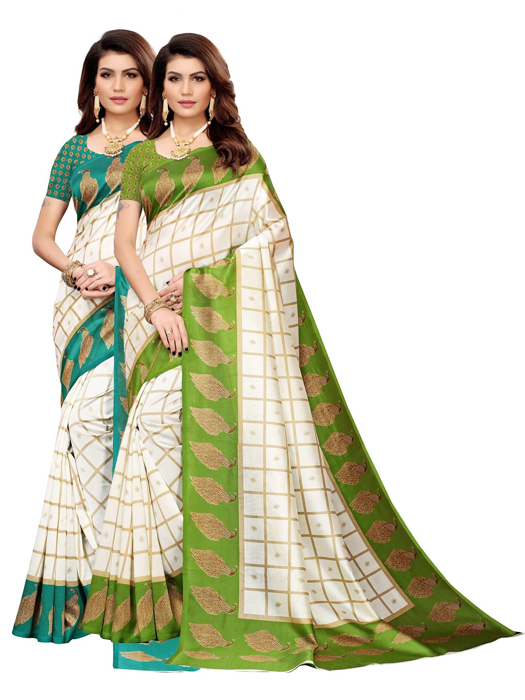 

AADVIKA Pack of 2 Teal & Green Checked Art Silk Mysore Silk Saree