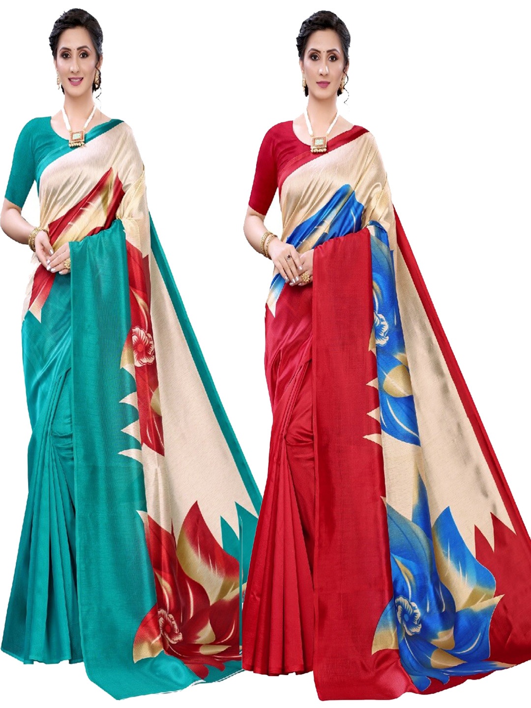 

AADVIKA Green & Red Floral Art Silk Mysore Silk Saree