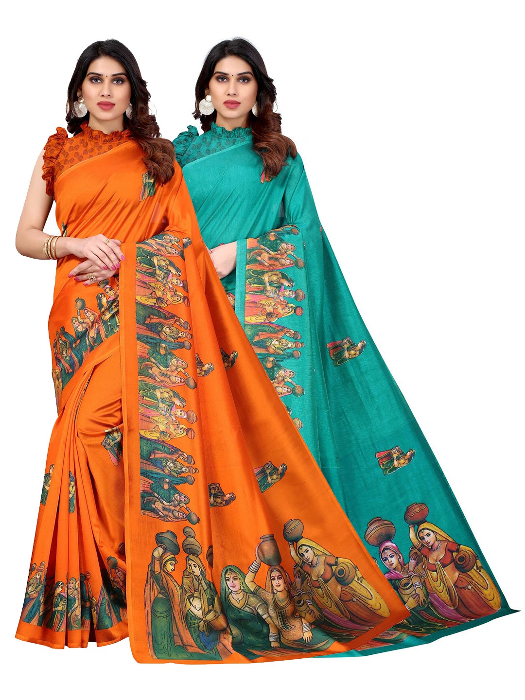 

AADVIKA Orange & Green Art Silk Saree