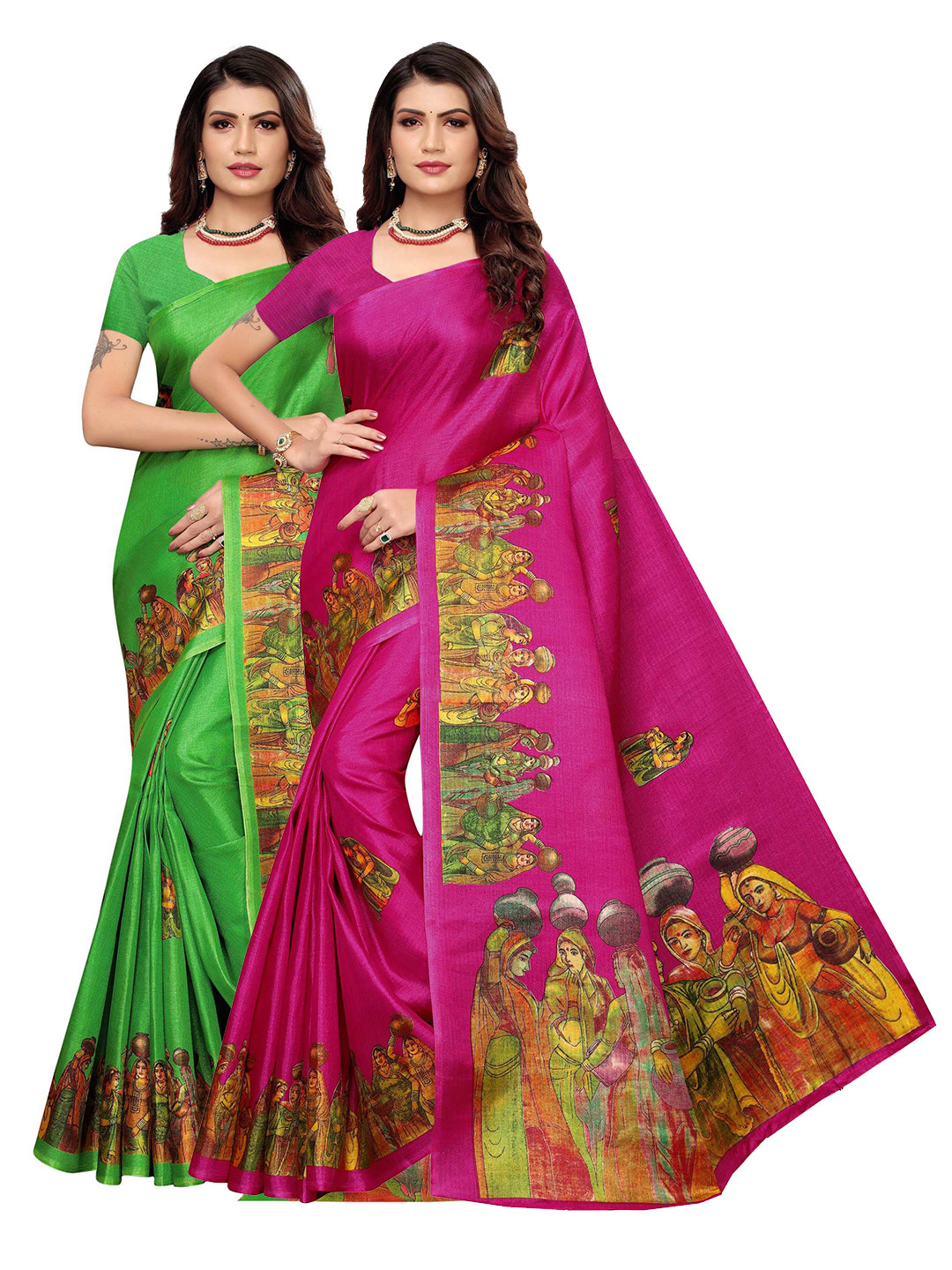 

AADVIKA Pink & Green Set of 2 Ethnic Motifs Printed Art Silk Mysore Silk Saree