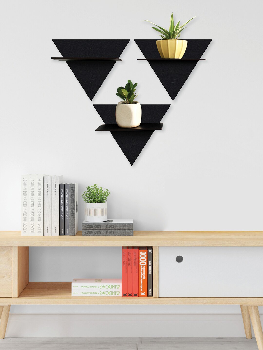 

RANDOM Set of 3 Black Solid Triangle Wood Planter Stands