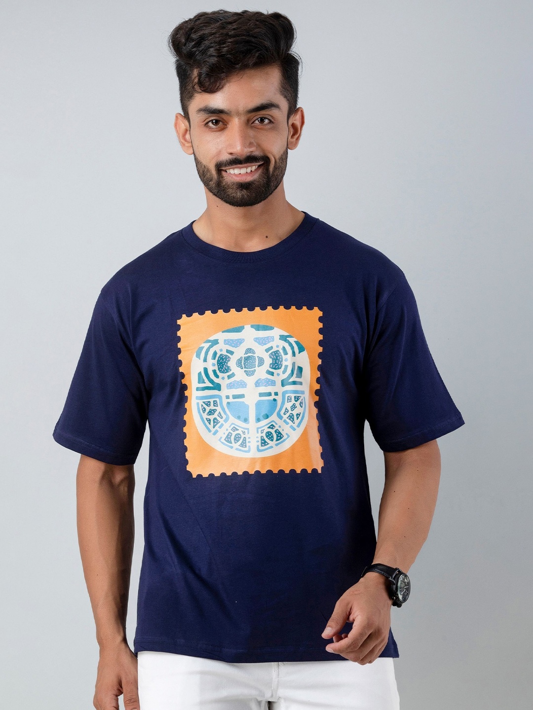 

Firangi Yarn Men Blue Graphic Printed Oversized T-shirt