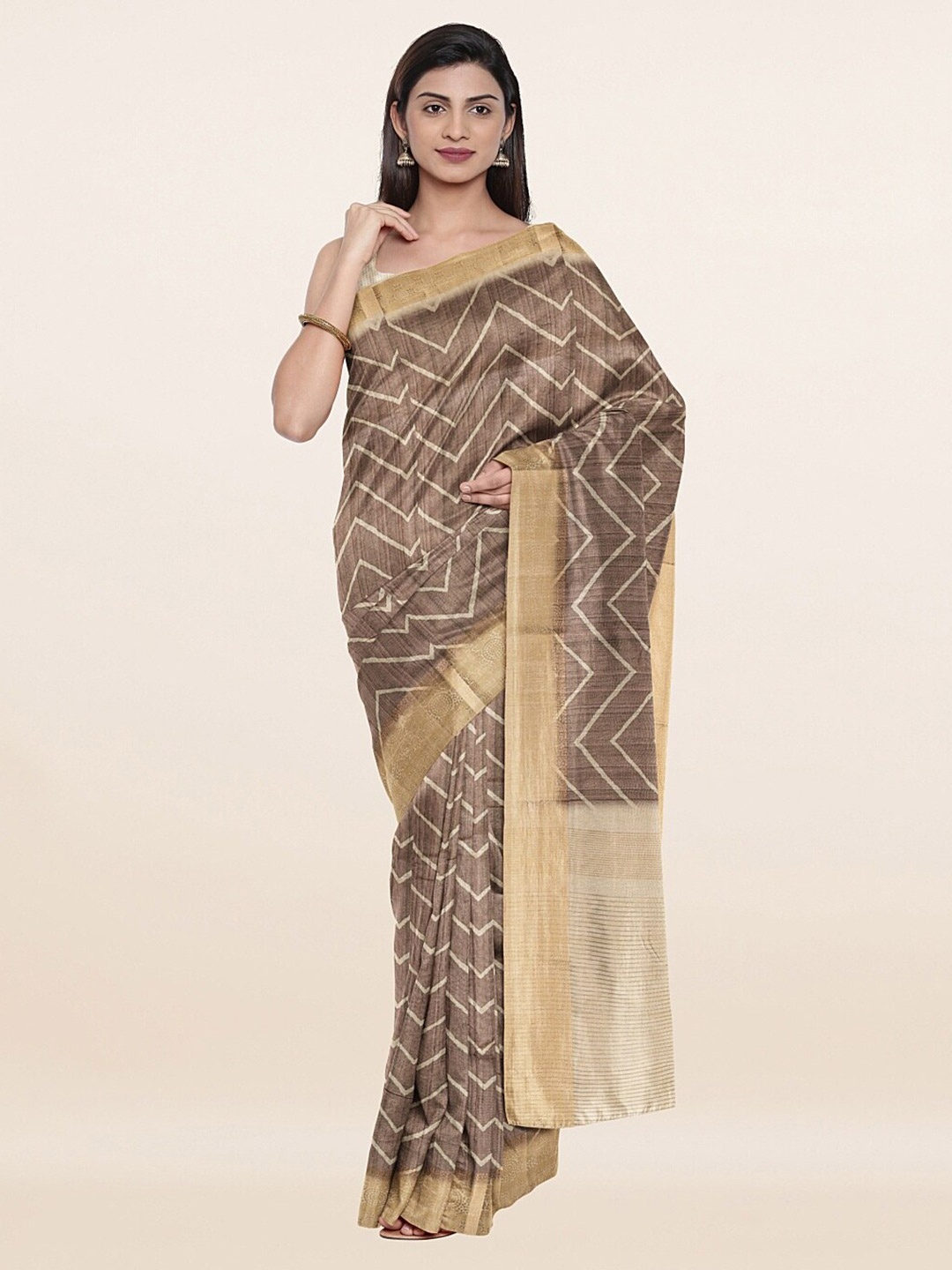 

Pothys Tan & Beige Printed Jute Silk Saree